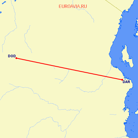 перелет Дар Ес Салаам — Додома на карте