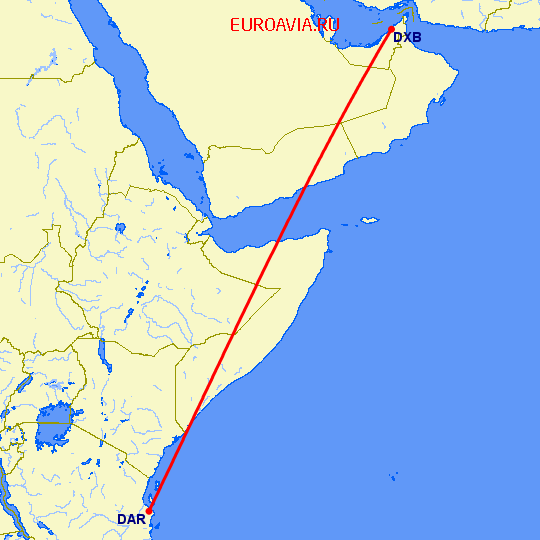 перелет Дар Ес Салаам — Дубай на карте