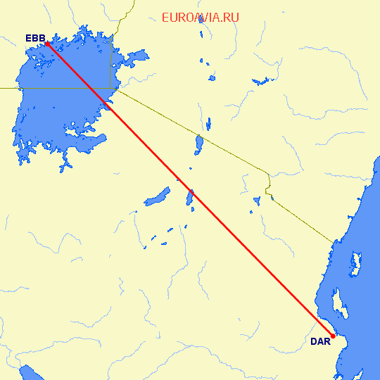 перелет Дар Ес Салаам — Энтеббе на карте