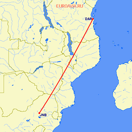 перелет Дар Ес Салаам — Йоханнесбург на карте