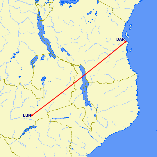 перелет Дар Ес Салаам — Лусака на карте