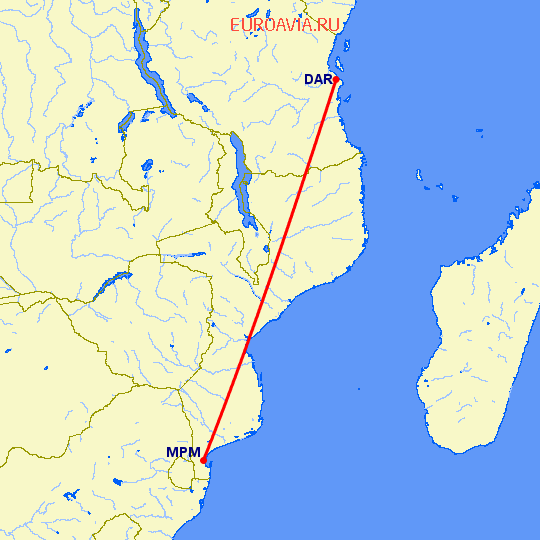 перелет Дар Ес Салаам — Мапуту на карте