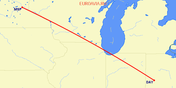 перелет Дейтон — Миннеаполис на карте