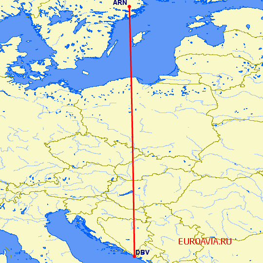 перелет Дубровник — Стокгольм на карте