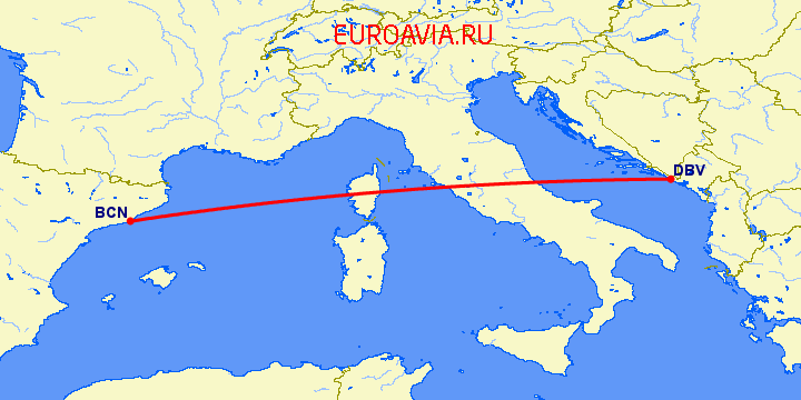 перелет Дубровник — Барселона на карте