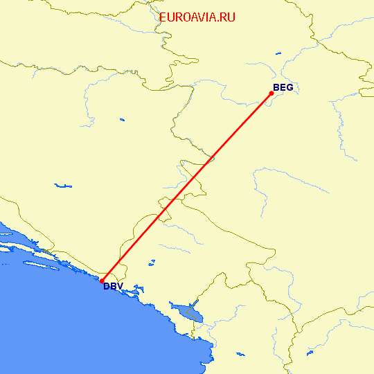 перелет Дубровник — Белград на карте