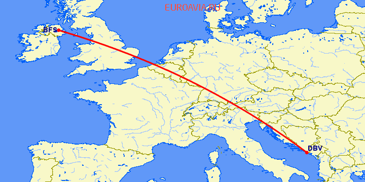 перелет Дубровник — Белфаст на карте