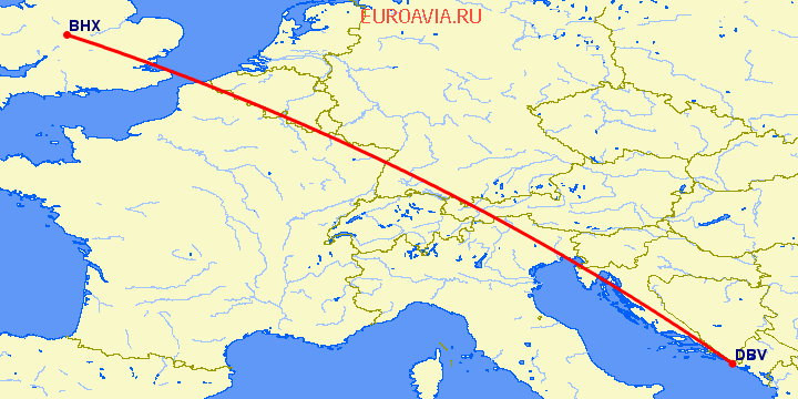 перелет Дубровник — Бирмингем на карте