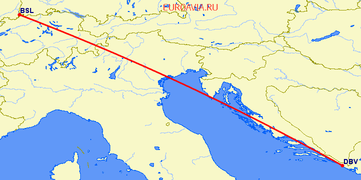 перелет Дубровник — Базель-Мюлуз на карте