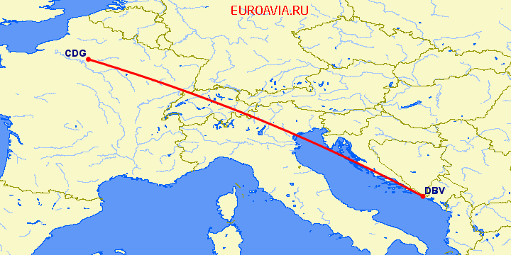 перелет Дубровник — Париж на карте