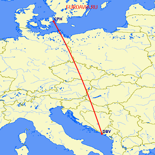перелет Дубровник — Копенгаген на карте