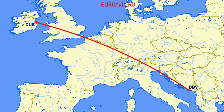 перелет Дубровник — Дублин на карте