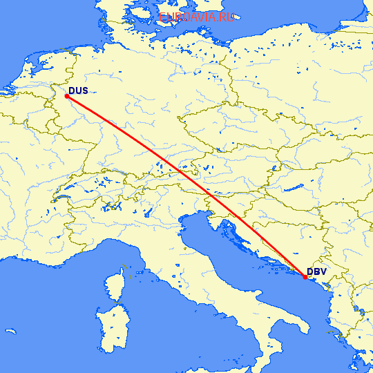перелет Дубровник — Дюссельдорф на карте