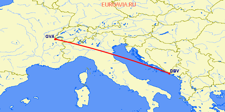перелет Дубровник — Женева на карте