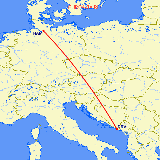 перелет Дубровник — Гамбург на карте
