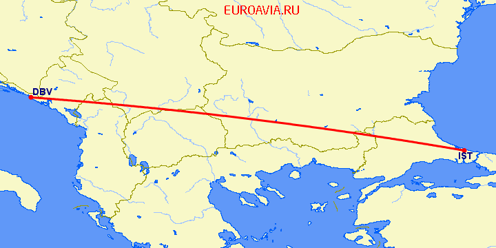 перелет Дубровник — Стамбул на карте