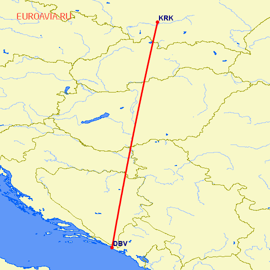 перелет Дубровник — Краков на карте