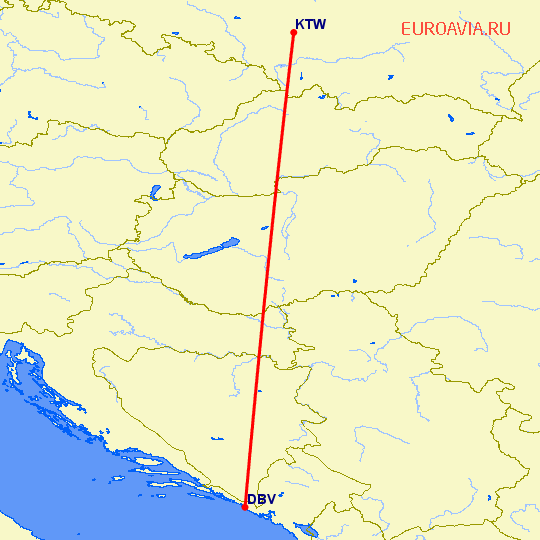 перелет Дубровник — Катовице на карте
