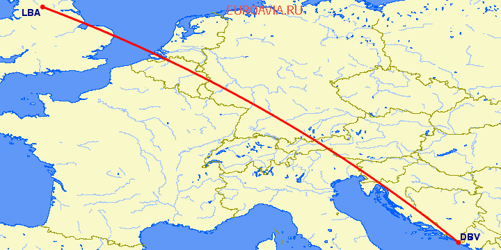 перелет Дубровник — Лидс на карте
