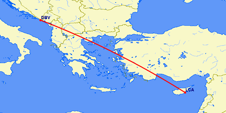 перелет Дубровник — Ларнака на карте