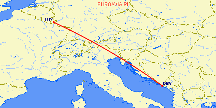 перелет Дубровник — Люксембург на карте