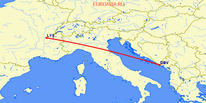 перелет Дубровник — Лион на карте