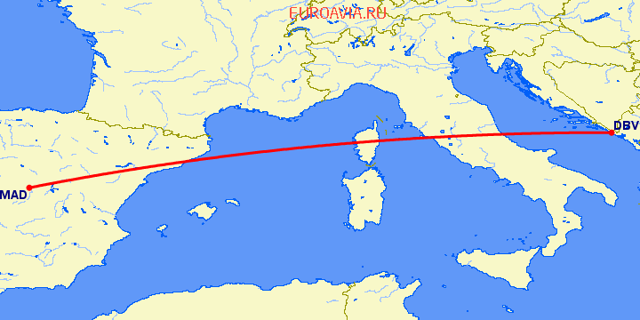 перелет Дубровник — Мадрид на карте