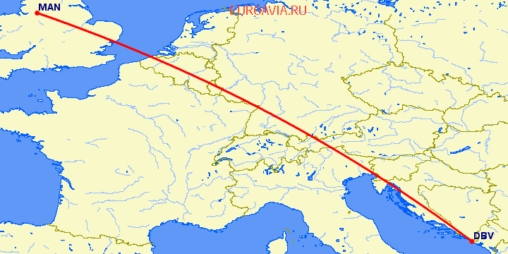 перелет Дубровник — Манчестер на карте