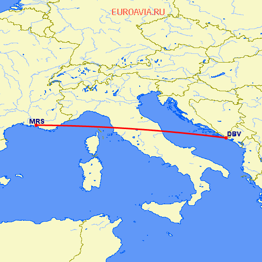 перелет Дубровник — Марсель на карте