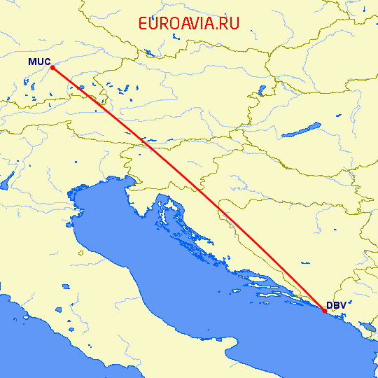 перелет Дубровник — Мюнхен на карте