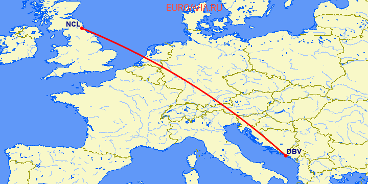 перелет Дубровник — Ньюкасл на карте