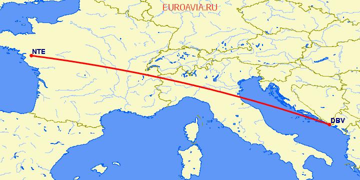 перелет Дубровник — Нант на карте