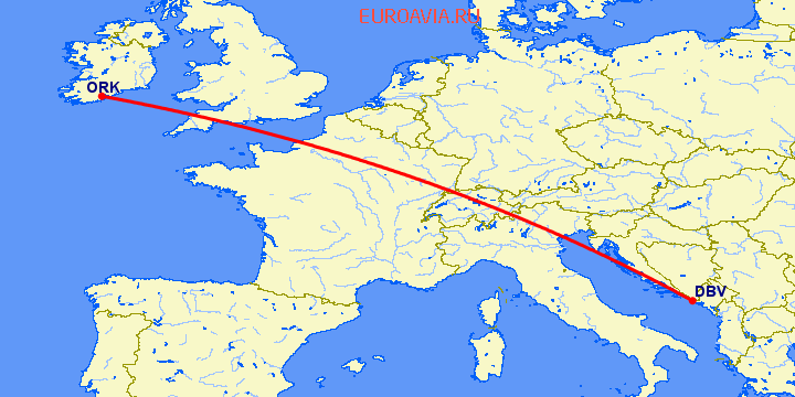 перелет Дубровник — Корк на карте