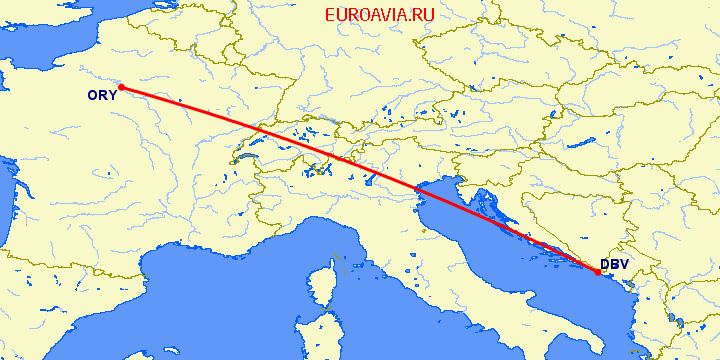 перелет Дубровник — Париж на карте
