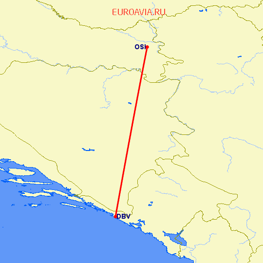 перелет Дубровник — Осиек на карте