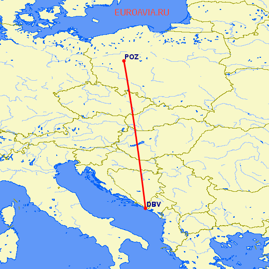 перелет Дубровник — Познань на карте