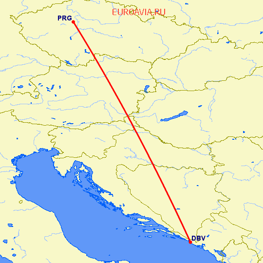 перелет Дубровник — Прага на карте