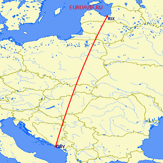 перелет Дубровник — Рига на карте