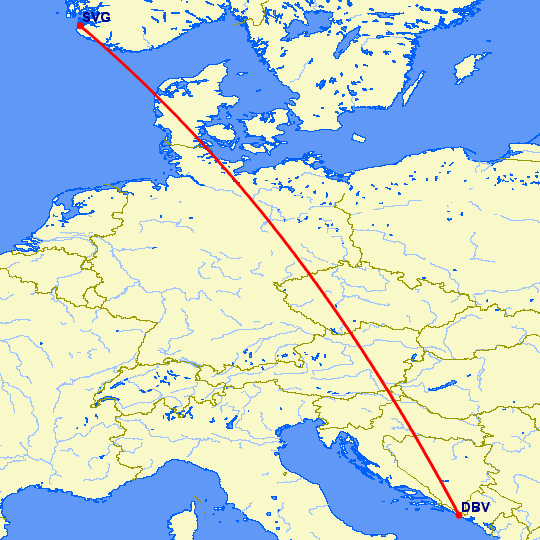 перелет Дубровник — Ставангер на карте