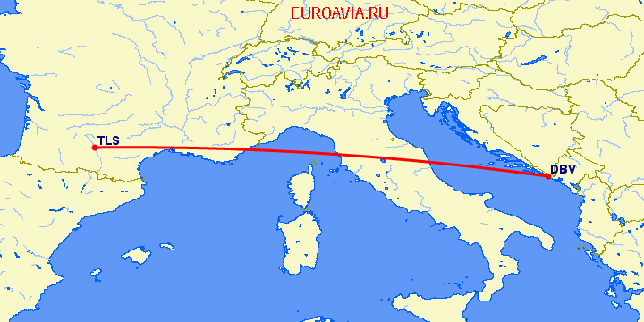 перелет Дубровник — Тулуза на карте