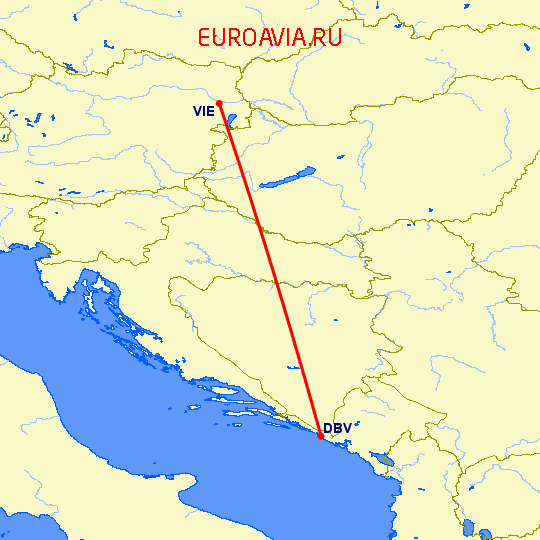 перелет Дубровник — Вена на карте