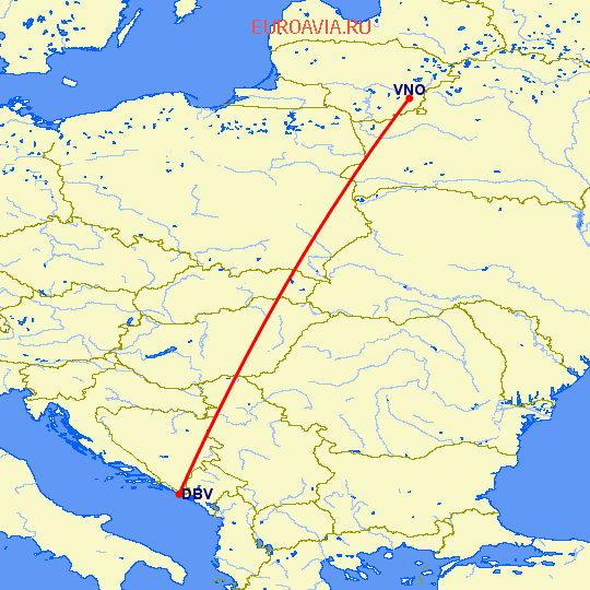 перелет Дубровник — Вильнюс на карте