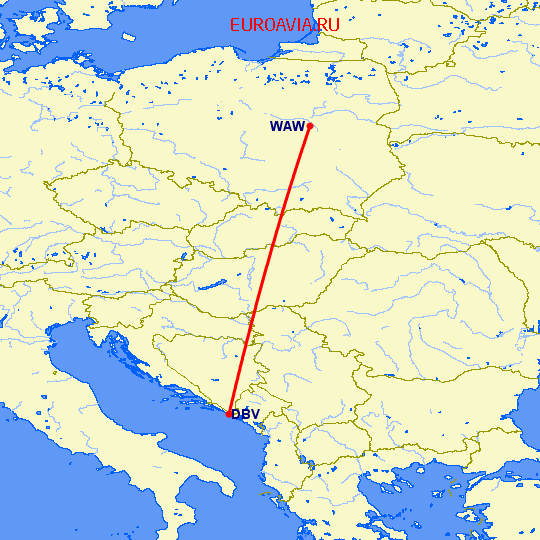 перелет Дубровник — Варшава на карте