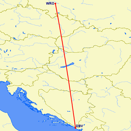 перелет Дубровник — Вроцлав на карте