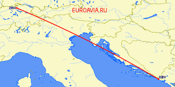 перелет Дубровник — Цюрих на карте
