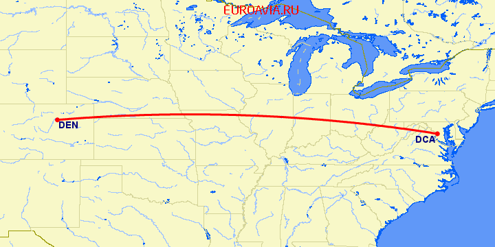 перелет Вашингтон — Денвер на карте