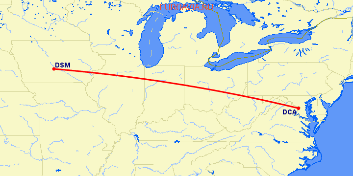 перелет Вашингтон — Des Moines на карте