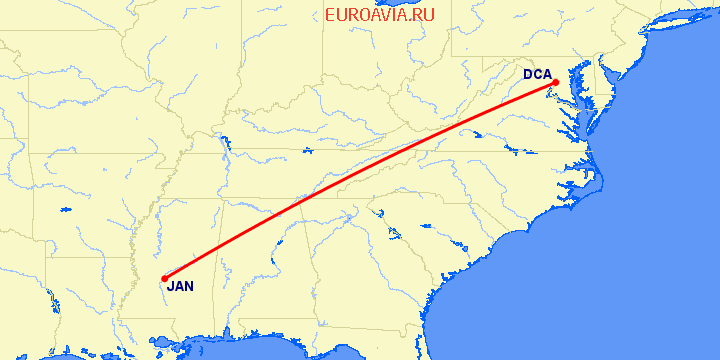 перелет Вашингтон — Джексон на карте