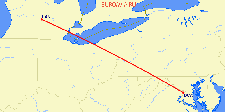 перелет Вашингтон — Лансинг на карте
