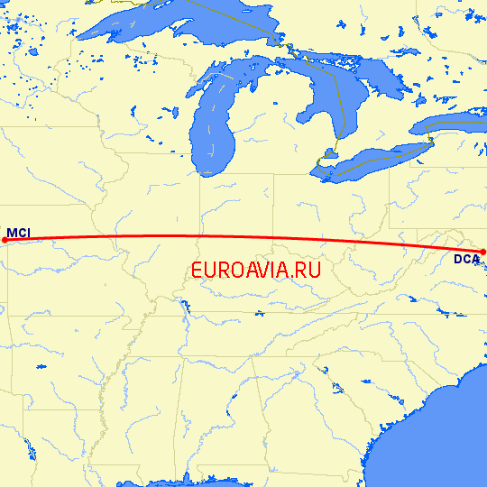 перелет Вашингтон — Канзас Сити на карте